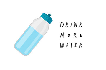Drink more water hand written lettering with Sports water bottle. Pure drinking water in bottle. Drink containers. Bottle of water icon in flat style vector illustration isolated on white background.
