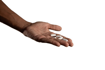 Black male hand holding pills isolated mental health concept