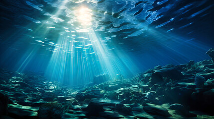 Underwater sun ray effects, Ocean wonders, Turquoise depth with luminescent glow,