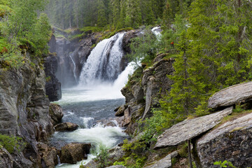 Rjukandefossen waterfall in the vicinity of the village Tuv in the municipality of Hemsedal in Viken county, Norway