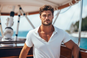 happy modern man against the background of a yacht and tropical palm trees