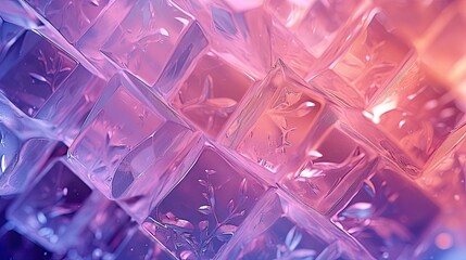 Structure of ice cracking, melting or building ice cubes, snowflakes. Frozen texture for cold and glowing winter days, purple, orange, shiny surface for card and banner.