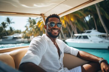 happy modern african american man against the background of a yacht and tropical palm trees