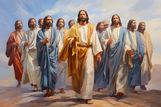 Oil painting of Jesus Christ and his twelve disciples
