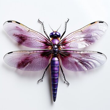 A purple and black dragonfly on a white surface, clipart on white background.