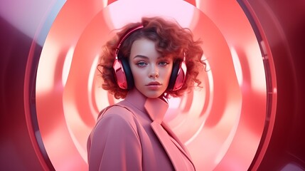 fashion young women with headphones - obrazy, fototapety, plakaty