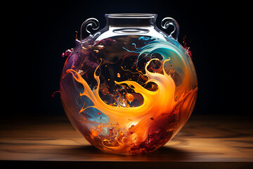 A Multi-Colored Glass Vase Isolated In Black Background