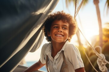 happy modern african american child boy against the background of a yacht and tropical palm trees