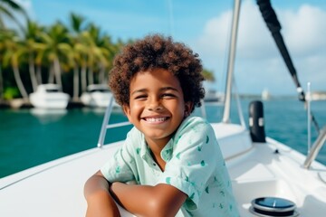 happy modern african american child boy against the background of a yacht and tropical palm trees