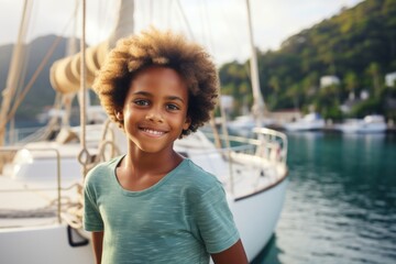 happy modern african american child boy against the background of a yacht and tropical palm trees