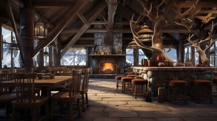 Fototapeta na wymiar A mountain lodge-themed cafeteria with stone hearth, log furniture, and antler light fixtures, evoking an alpine atmosphere.