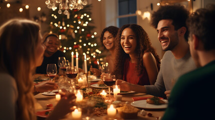Obraz na płótnie Canvas Friends having Christmas dinner at dining table.