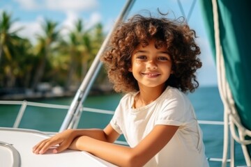 happy modern indian child girl against the background of a yacht and tropical palm trees