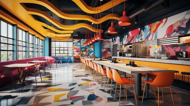 A pop art-inspired cafeteria with bold colored furniture, graphic murals, and an array of colorful pendant lights.