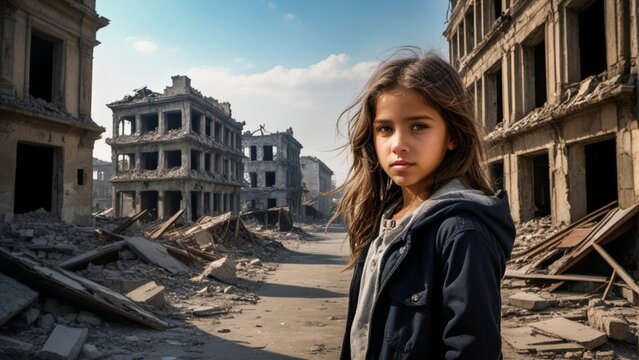 4k generative Ai image of Portrait of a young beautiful little girl in a ruined city by war

