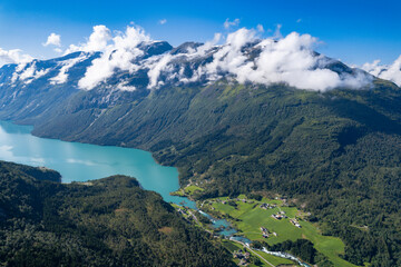 Aerial view above the mountains, fjords and lakes of Norway during summer 