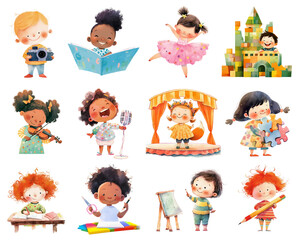 Collection of cute funny cartoon kids engaged in different creative activities like drawing, singing, theater and so on. Children hobby clipart. Generative AI