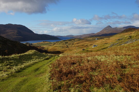 Inchnadamph House on the Inchnadamph Estate, Loch Assynt, Sutherland, North West Scotland, UK with Glas Bheinn (776m) behind.