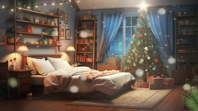 New Year Bedroom And Christmas Tree, Presents Decorated Interior. Cartoon Or Anime Watercolor Illustration Style Looping Video Background