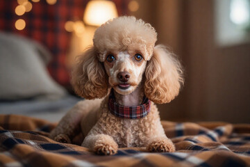 Portrait of a cute poodle with big eyes against the background of a soft checkered blanket