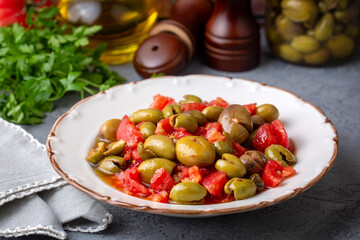 Turkish cuisine; green olive salad (Turkish name; Kirma yesil zeytin salatasi)
