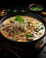 soup with mushrooms on dark background. alternative proteins, environmental friendly, sustainable, vegan concept.