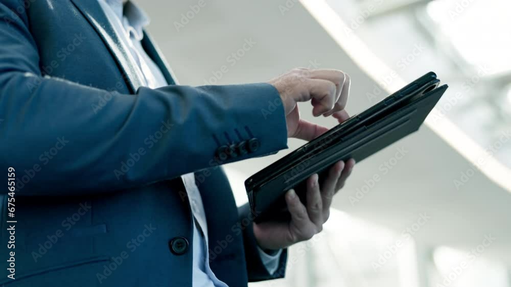 Poster Hands, tablet and closeup with business man, typing and scroll with app, website or chat for networking. Businessman, digital touchscreen and click on web for networking, contact or schedule planning