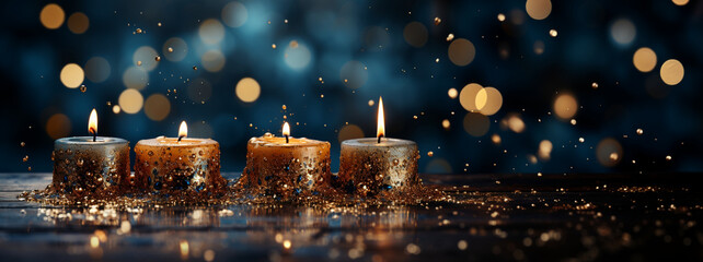 Christmas Magic: Sparkling Candles with Golden Bokeh on a Midnight Blue Background