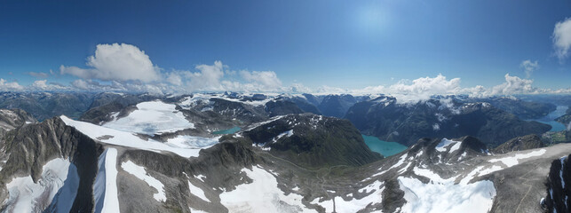 Aerial view of the last remaining Glaciers of Norway in Jostedalsbreen National Park at Stryneskåla
