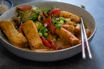 Tteokbokki- korean rice cakes and vegetable stew served in white bowl, traditional steel chopsticks.