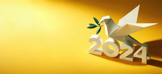 Tuinposter White dove with green olive branch on yellow background next to 2024 number. Peace symbol for happy New Year banner. Origami bird © All Creative Lines