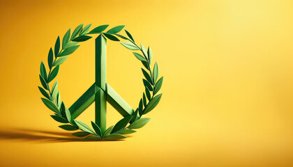 Green peace symbol isolated on yellow background. Wreath made from olive branches. 