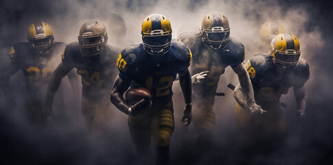 American Football Championship. Professional Players, Aggressive Face-off, Ready for Pushing, Tackling. Competition Full of Brutal Energy and Power. Stadium Shot with Dramatic Light