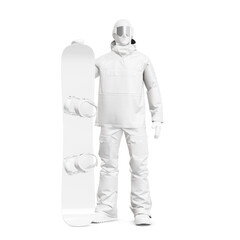 a mannequin with a snowboarder full uniform and a snowboard isolated on a white background