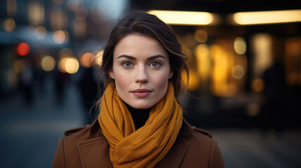 Portrait of beautiful woman with scarf on the street looking at camera