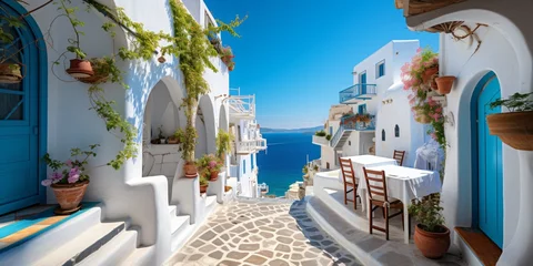 Foto auf Acrylglas Mittelmeereuropa mediterranean coastal town with ocean view, wanderlust and blue sky