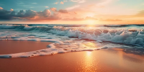 Foto op Plexiglas Strand zonsondergang Beautiful sand beach in sunset time. Close up sea wave on sand beach. Sea shore. Concept travel and summer vacation.