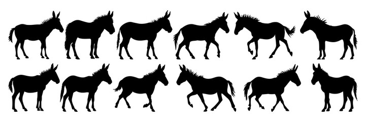 Donkey silhouettes set, large pack of vector silhouette design, isolated white background - obrazy, fototapety, plakaty