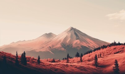 Surreal Crimson Mountainscape: Dreamy Pastel Tones at Dusk