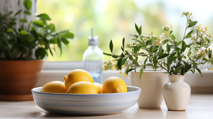 Cozy kitchen table with plate of lemons close-up view