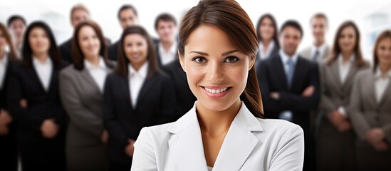 A successful businesswoman with a white background in a corporate office surrounded by a happy team of diverse people represents the concept of family finance and investment in a modern mod