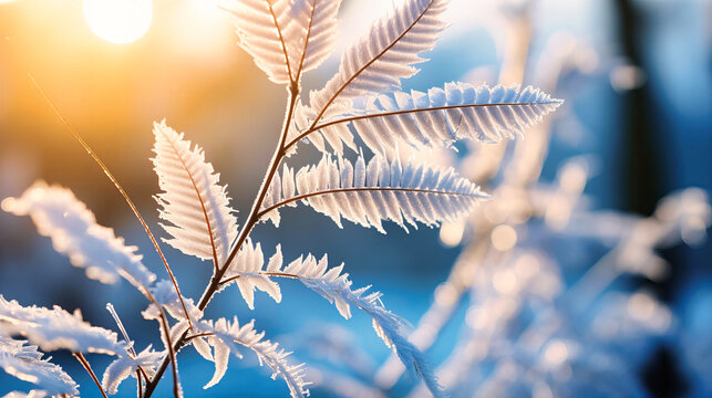 Atmospheric allure of winter light kissing frost-covered fronds, a radiant symphony of contrasts