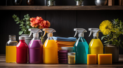 Multi colored bottles with cleaning products close up view on wooden table