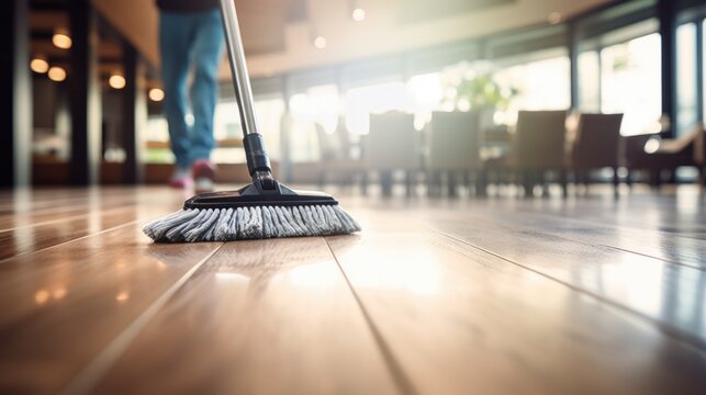 A person sweeping a floor with an electric broom, AI