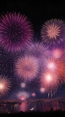 Fototapeta premium Fireworks background in night sky. High resolution background with lighting effect and sparkle with copy space for text. Background images for banner and poster.