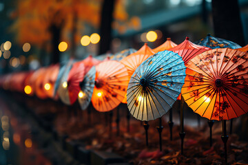 Colorful umbrellas on the street in autumn