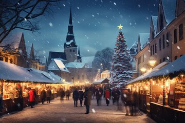Abastract image of a Christmas Market in Estonia, Baltic Country. - obrazy, fototapety, plakaty