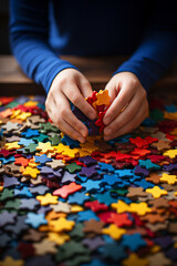 Close-up image of a child playing with colorful puzzle pieces.