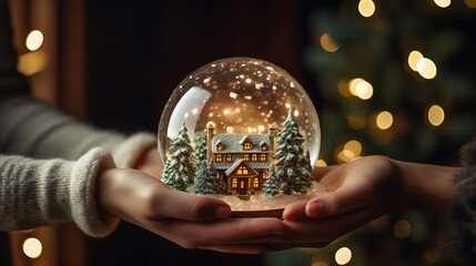 figurine of a glass ball with a winter landscape and a house in hands, Christmas, 2024. - obrazy, fototapety, plakaty