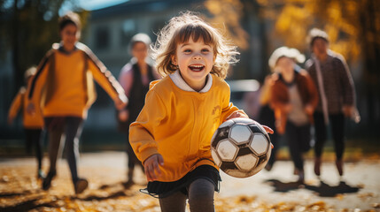 Fototapeta premium Photo of a smiling child at a school stadium playing football with other children.